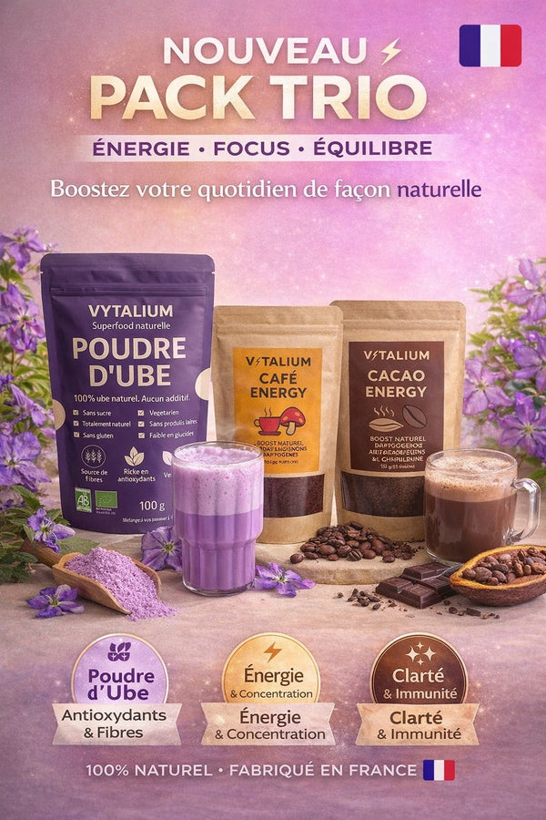 PACK TRIO VYTALIUM  UBE + CAFE ENERGY + CACAO ENERGY 49.90 € au lieu de 60 €